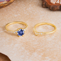 Classic 6-Prong Hexagonal-Cut Tanzanite Engagement Ring Set