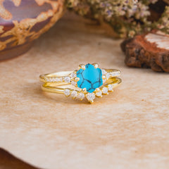 Classic 6-Prong Hexagonal-Cut Turquoise Engagement Ring Set