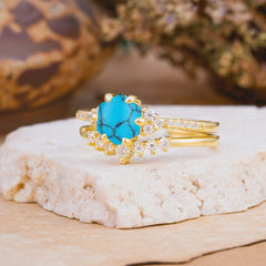 Classic 6-Prong Hexagonal-Cut Turquoise Engagement Ring Set