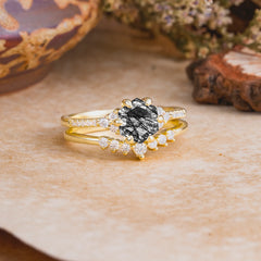 Classic 6-Prong Hexagonal-Cut Black Rutilated Quartz Engagement Ring Set