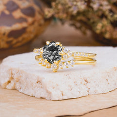 Classic 6-Prong Hexagonal-Cut Black Rutilated Quartz Engagement Ring Set