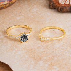 Classic 6-Prong Hexagonal-Cut Black Rutilated Quartz Engagement Ring Set