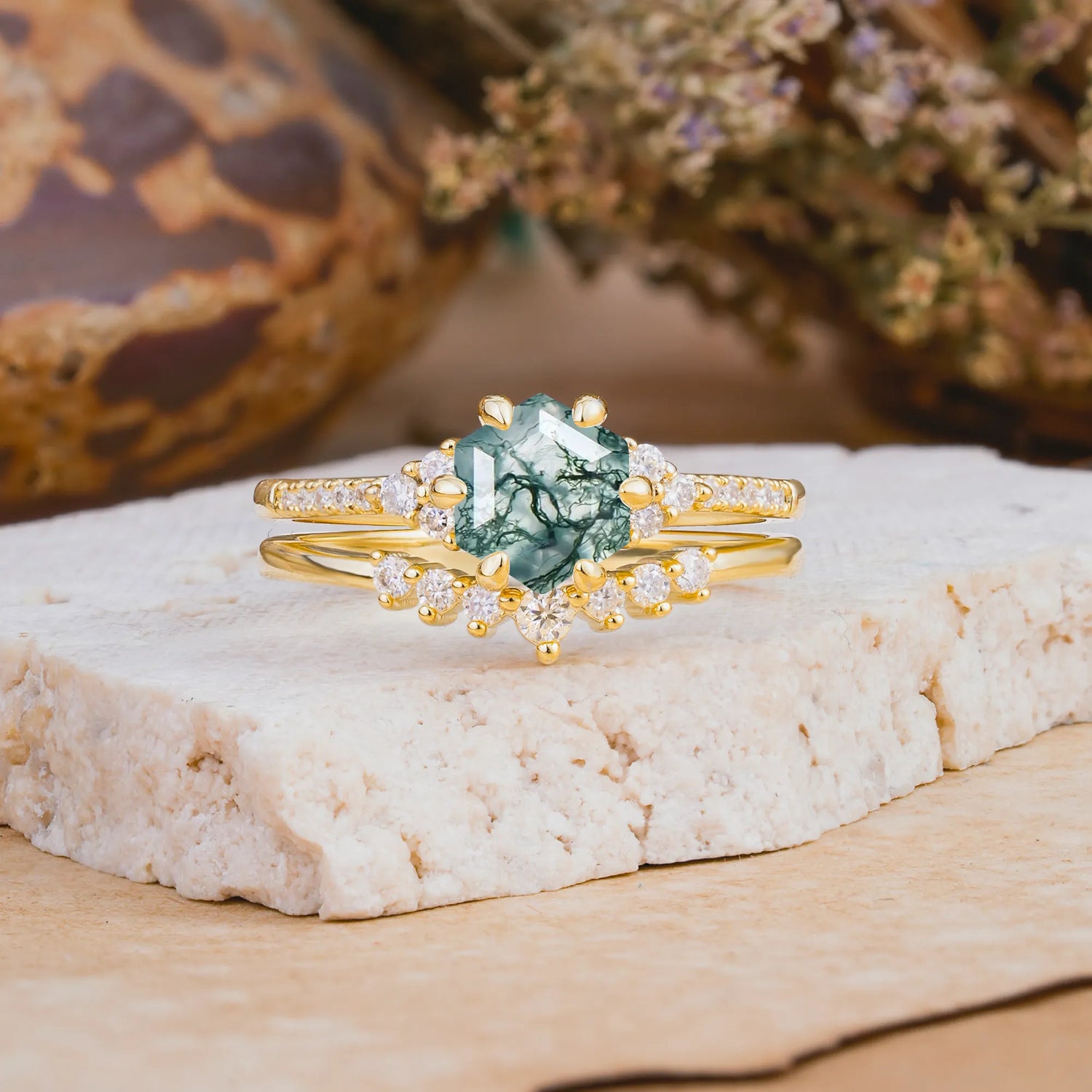 Classic 6-Prong Hexagonal-Cut Moss Agate Engagement Ring Set