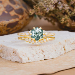 Classic 6-Prong Hexagonal-Cut Moss Agate Engagement Ring Set