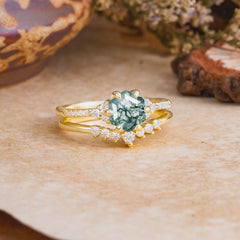 Classic 6-Prong Hexagonal-Cut Moss Agate Engagement Ring Set