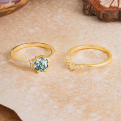 Classic 6-Prong Hexagonal-Cut Moss Agate Engagement Ring Set