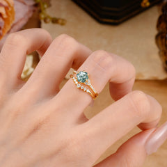 Classic 6-Prong Hexagonal-Cut Moss Agate Engagement Ring Set