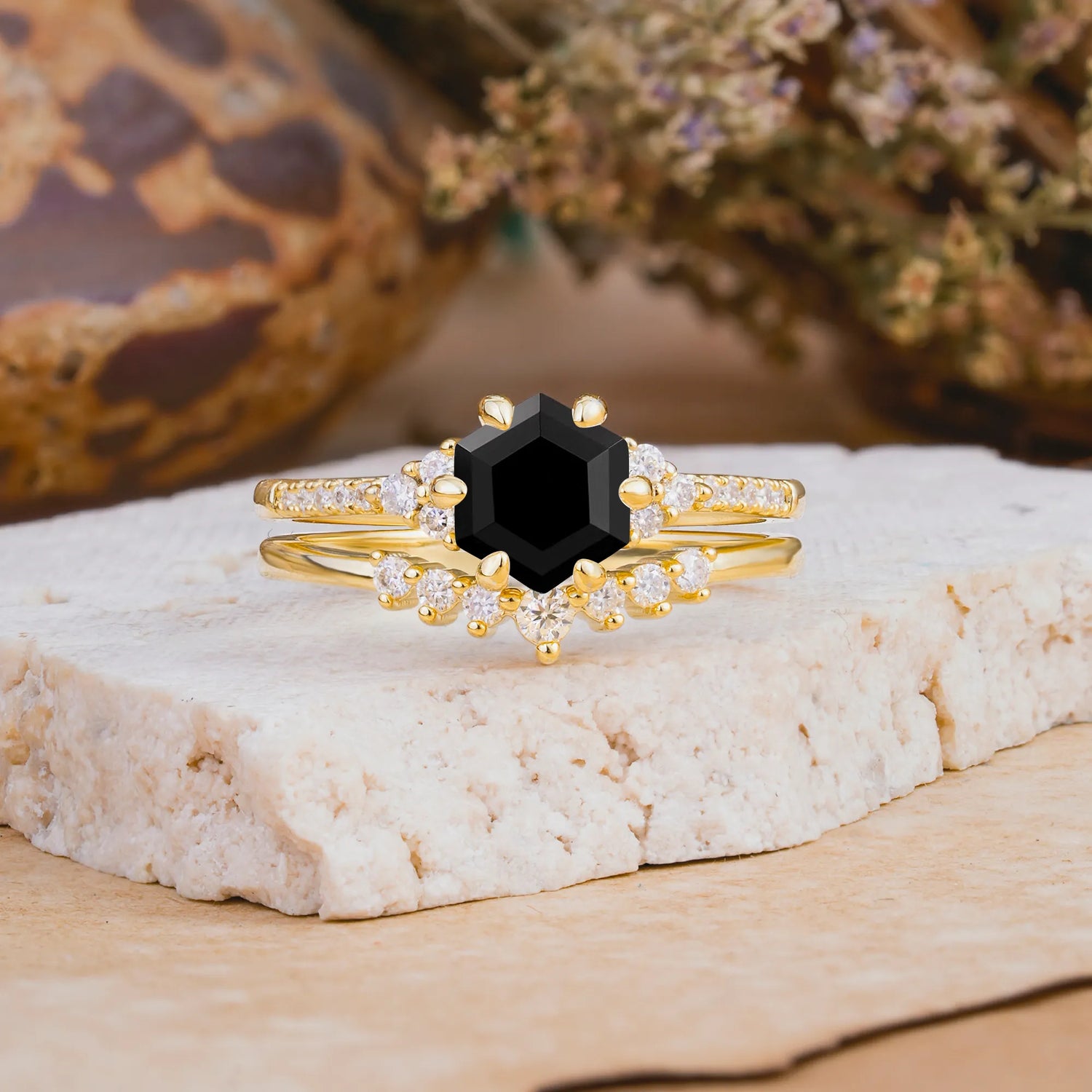 Classic 6-Prong Hexagonal-Cut Black Onyx Engagement Ring Set