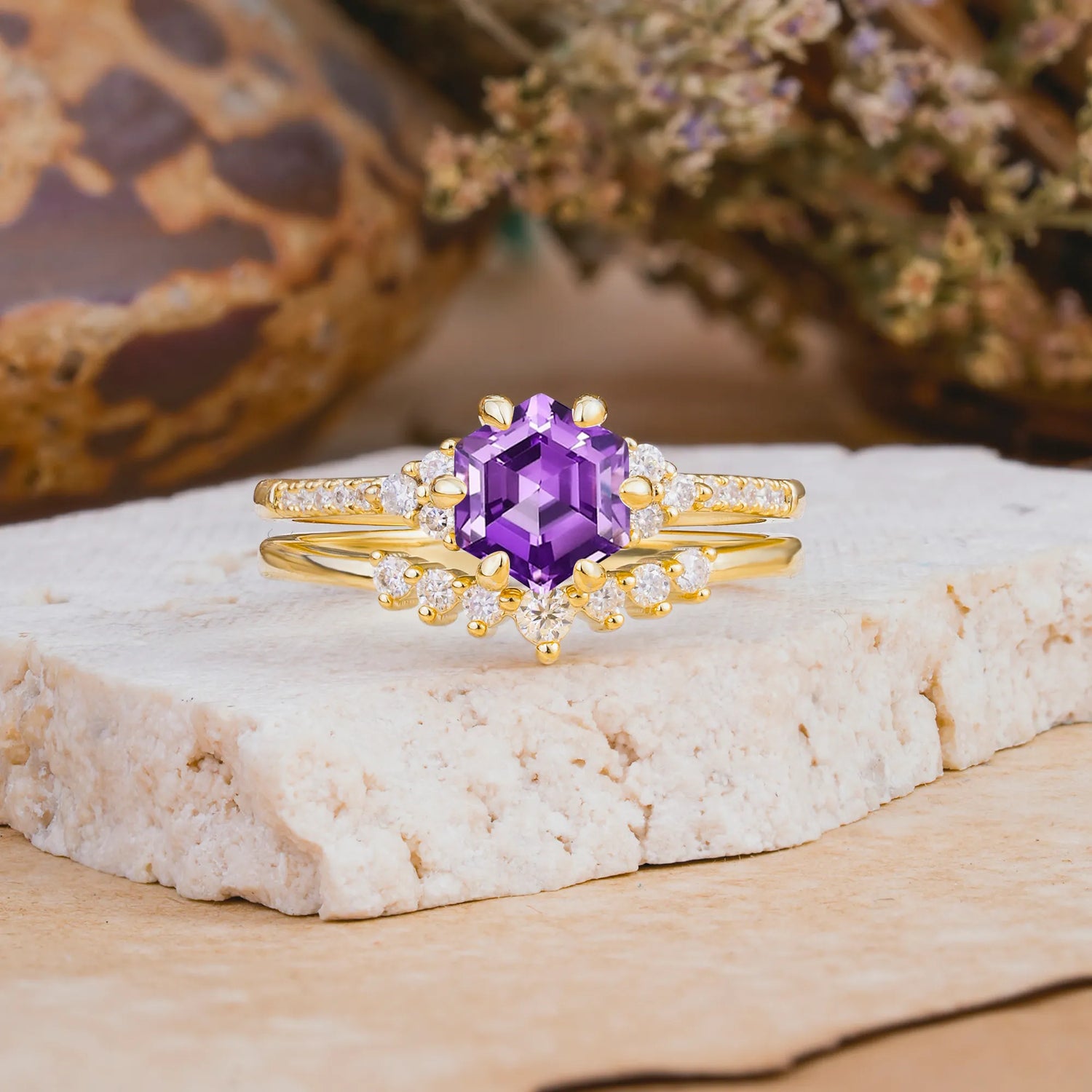 Classic 6-Prong Hexagonal-Cut Amethyst Engagement Ring Set