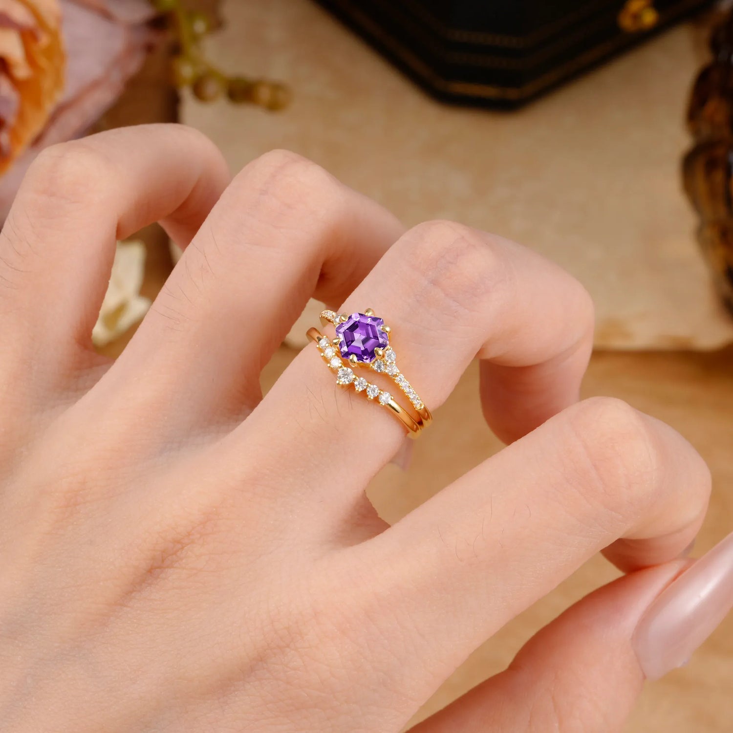 Classic 6-Prong Hexagonal-Cut Amethyst Engagement Ring Set