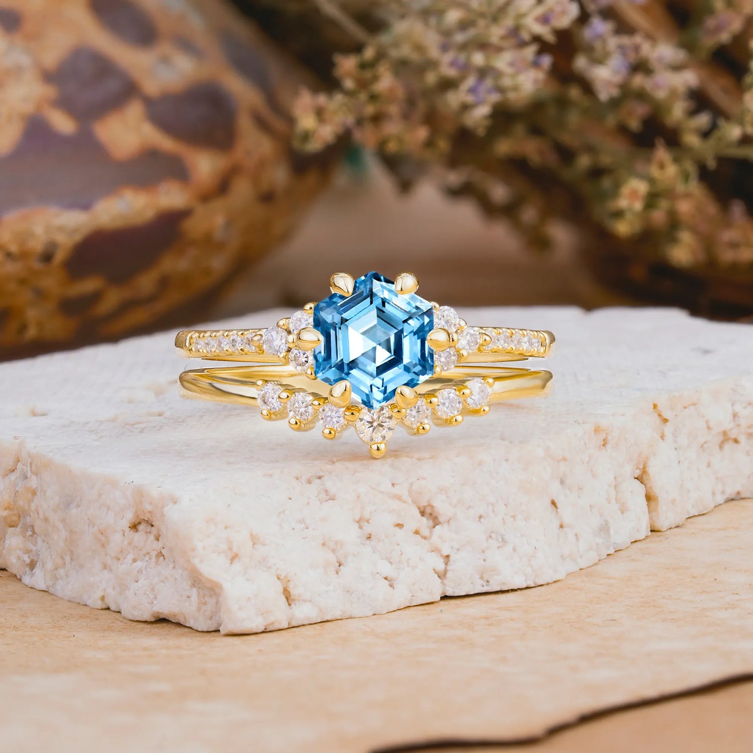 Classic 6-Prong Hexagonal-Cut Aquamarine Engagement Ring Set