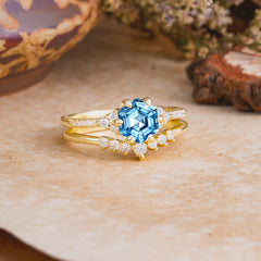 Classic 6-Prong Hexagonal-Cut Aquamarine Engagement Ring Set