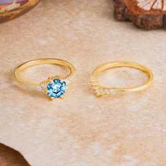 Classic 6-Prong Hexagonal-Cut Aquamarine Engagement Ring Set