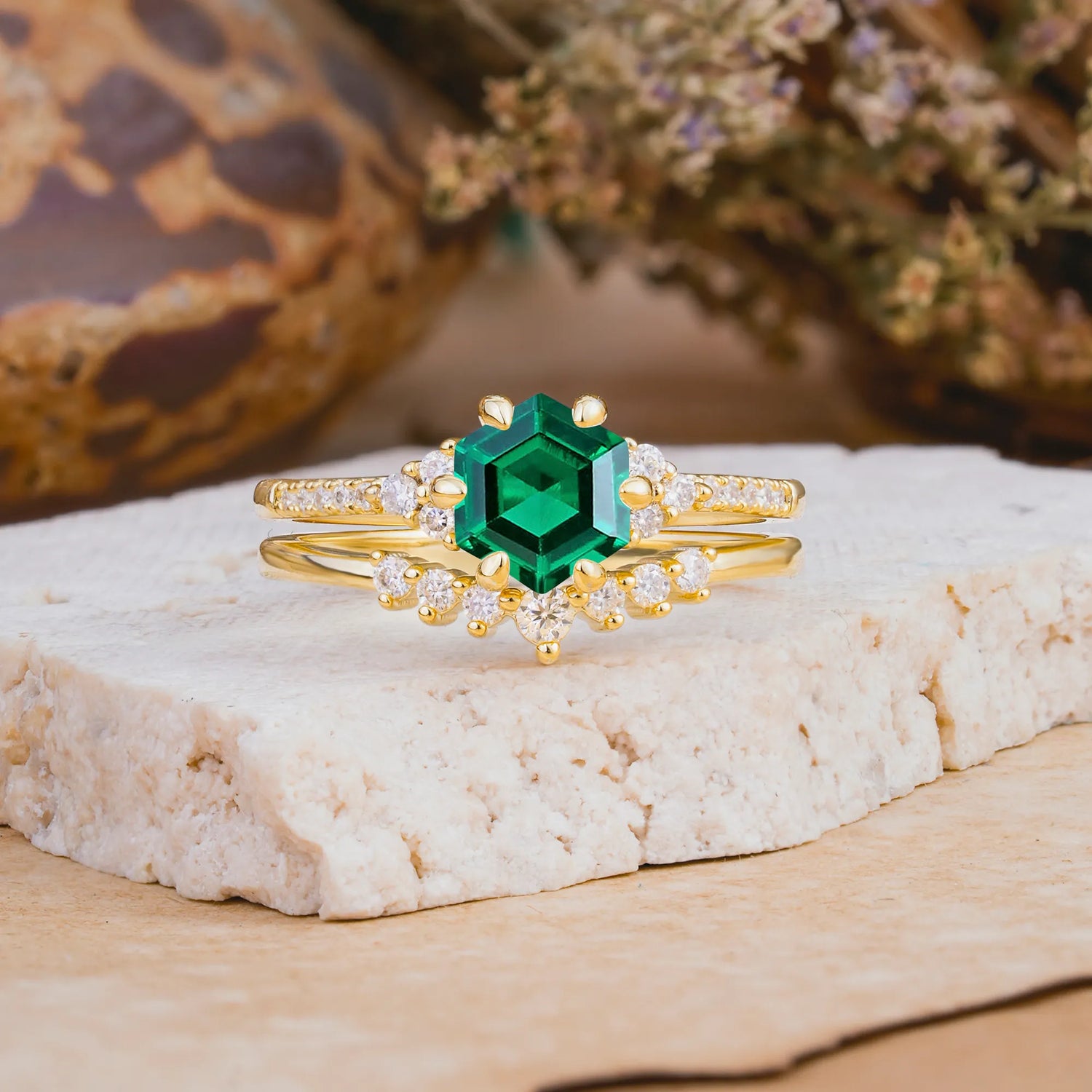 Classic 6-Prong Hexagonal-Cut Emerald Engagement Ring Set