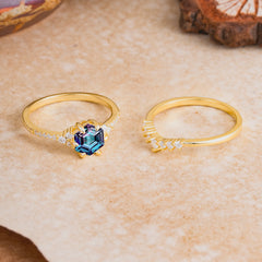 Classic 6-Prong Hexagonal-Cut Alexandrite Engagement Ring Set