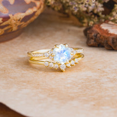 Classic 6-Prong Hexagonal-Cut Moonstone Engagement Ring Set