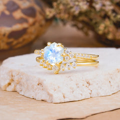 Classic 6-Prong Hexagonal-Cut Moonstone Engagement Ring Set