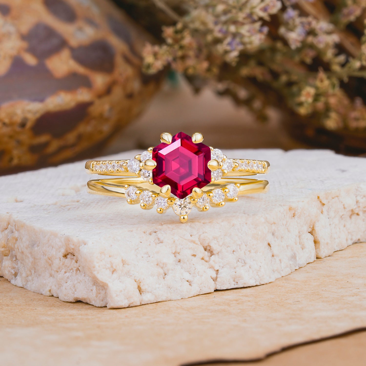 Classic 6-Prong Hexagonal-Cut Ruby Engagement Ring Set