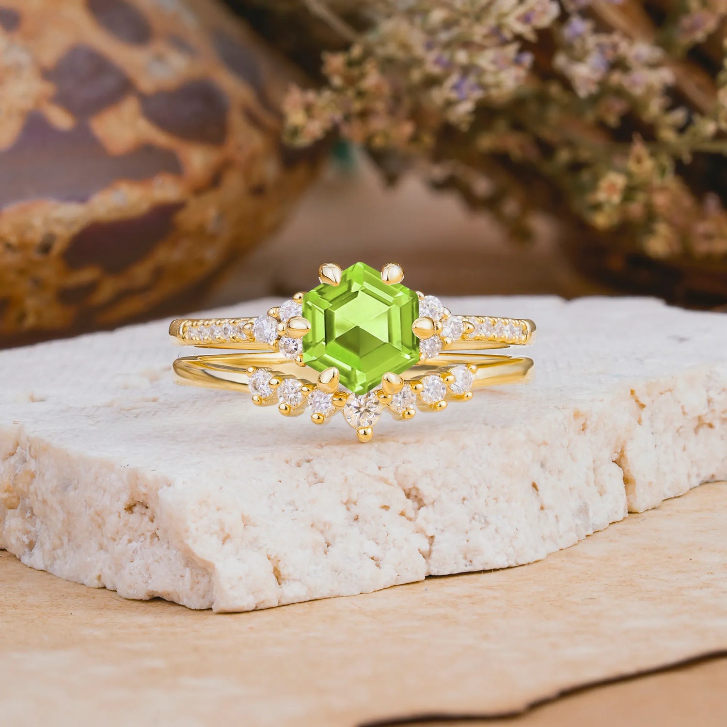 Classic 6-Prong Hexagonal-Cut Peridot Engagement Ring Set