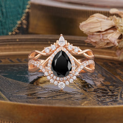 Elegant Pear-Cut 3 Prong Natural Black Onyx Engagement Ring Set