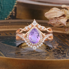 Elegant Pear-Cut 3 Prong Natural Amethyst Engagement Ring Set