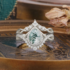 Elegant Pear-Cut 3 Prong Natural Moss Agate Engagement Ring Set