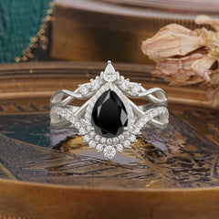 Elegant Pear-Cut 3 Prong Natural Black Onyx Engagement Ring Set