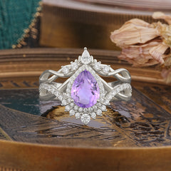 Elegant Pear-Cut 3 Prong Natural Amethyst Engagement Ring Set