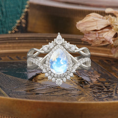 Elegant Pear-Cut 3 Prong Natural Moonstone Engagement Ring Set