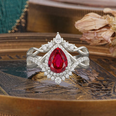 Elegant Pear-Cut Ruby Engagement Ring Set