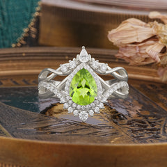 Elegant Pear-Cut 3 Prong Natural Peridot Engagement Ring Set