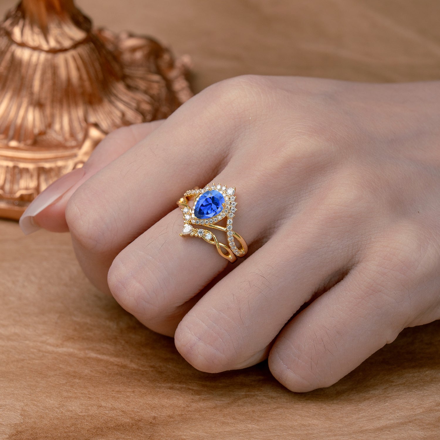Elegant Pear-Cut 3 Prong Sapphire Bridal Ring Set