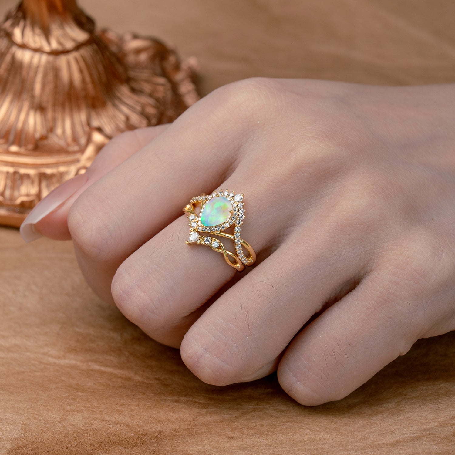 Elegant Pear-Cut Opal Bridal Ring Set