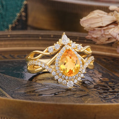 Elegant Pear-Cut 3 Prong Natural Citrine Engagement Ring Set