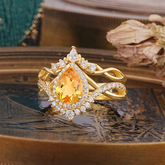 Elegant Pear-Cut 3 Prong Natural Citrine Engagement Ring Set