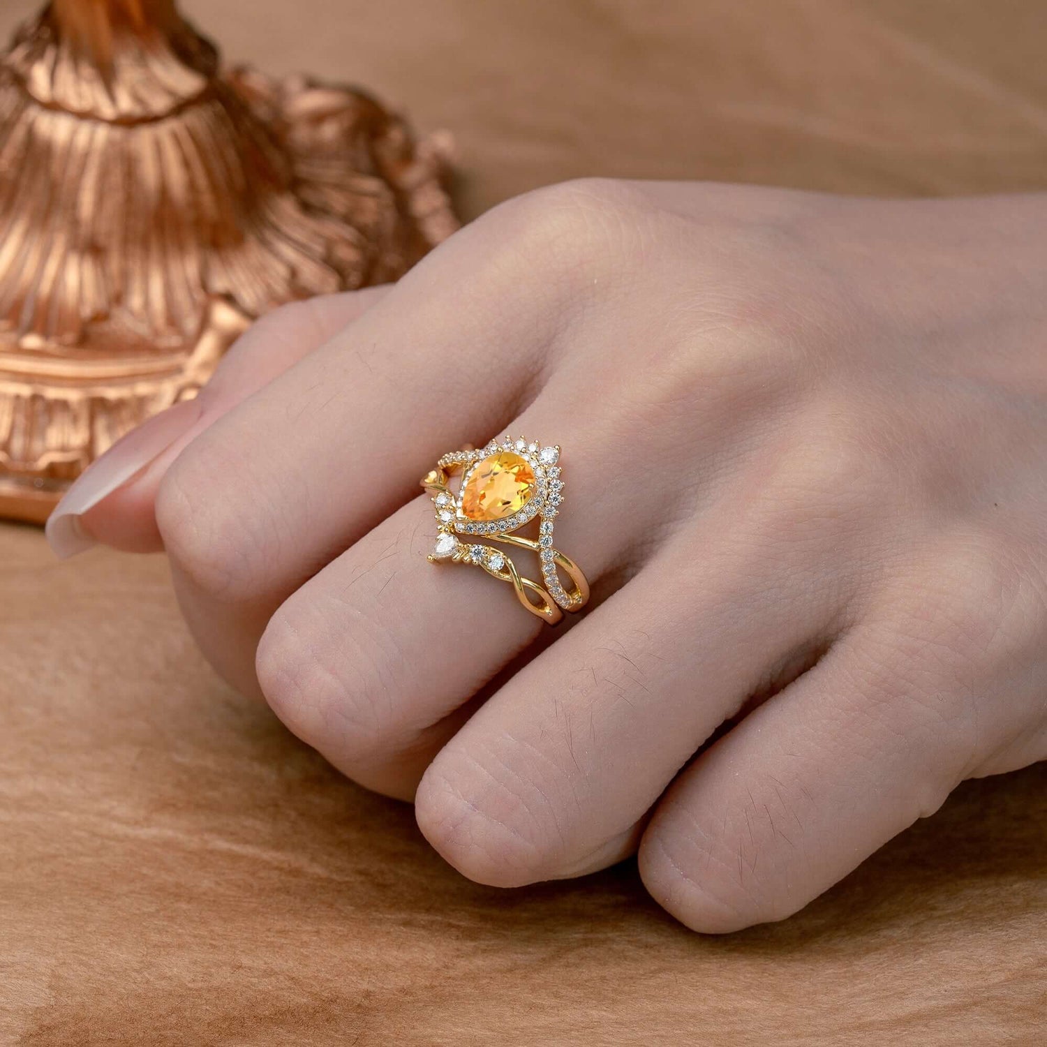 Elegant Pear-Cut 3 Prong Natural Citrine Bridal Ring Set