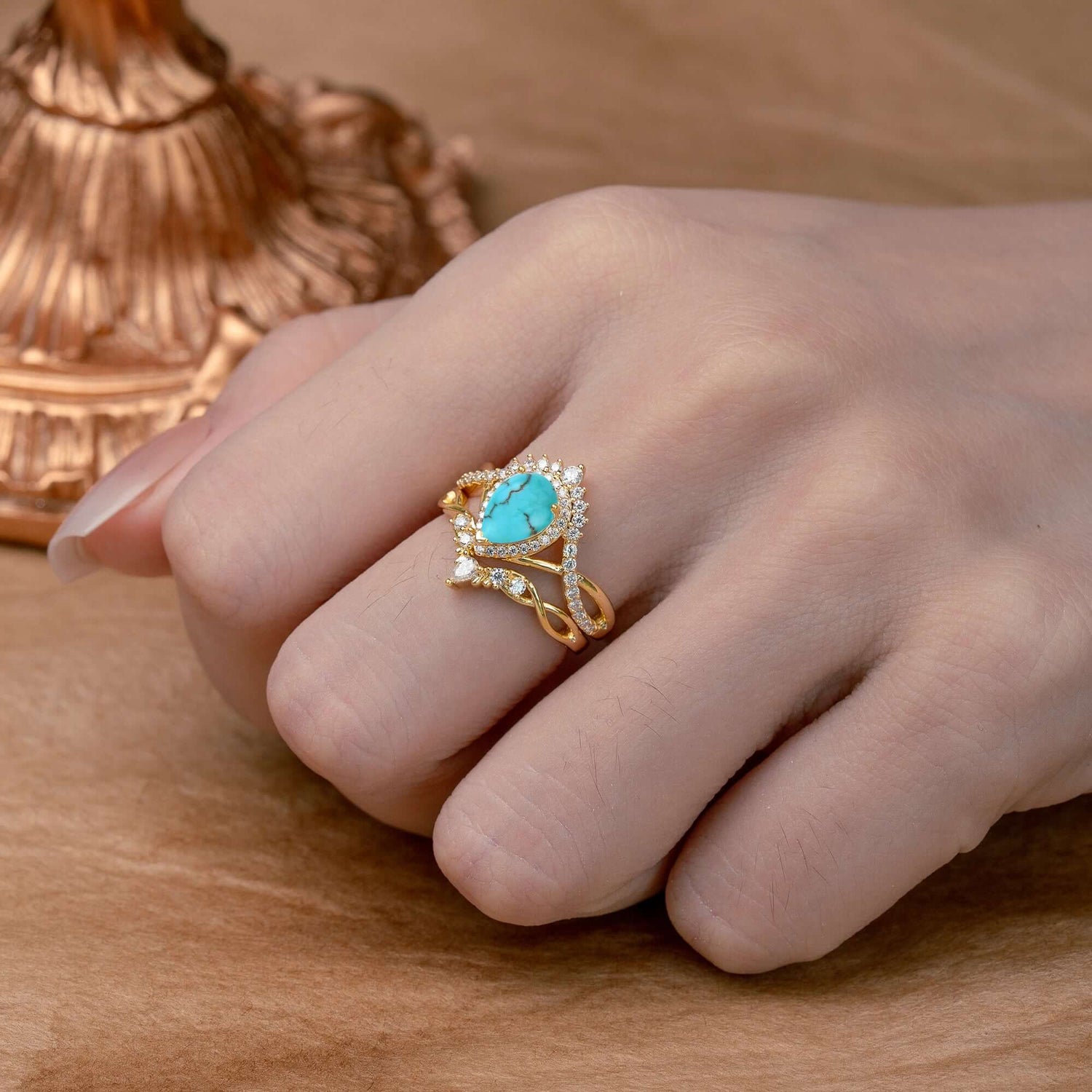 Elegant Pear-Cut Turquoise Bridal Ring Set