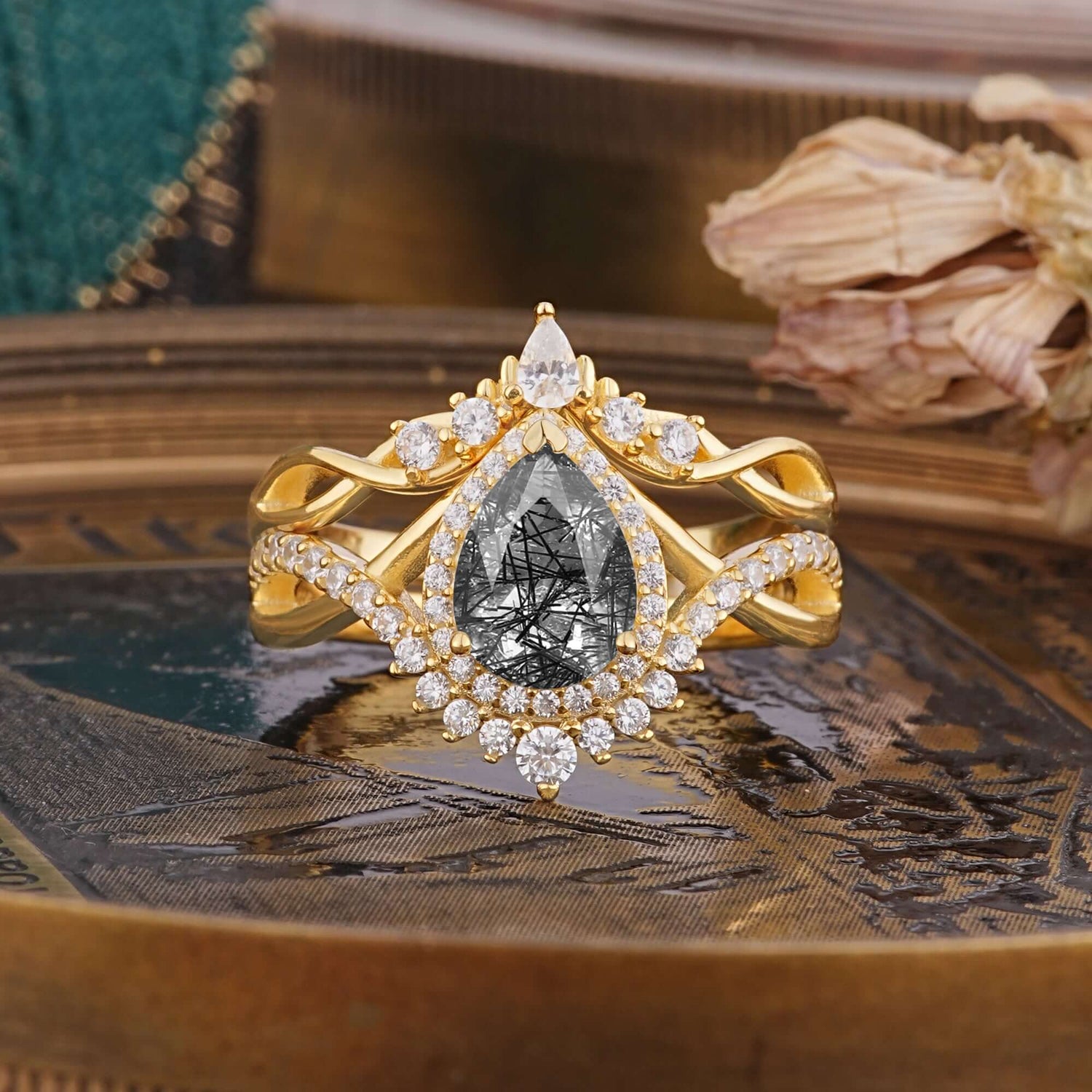 Elegant Pear-Cut 3 Prong Natural Black Rutilated Quartz Engagement Ring Set