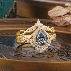Elegant Pear-Cut 3 Prong Natural Black Rutilated Quartz Engagement Ring Set