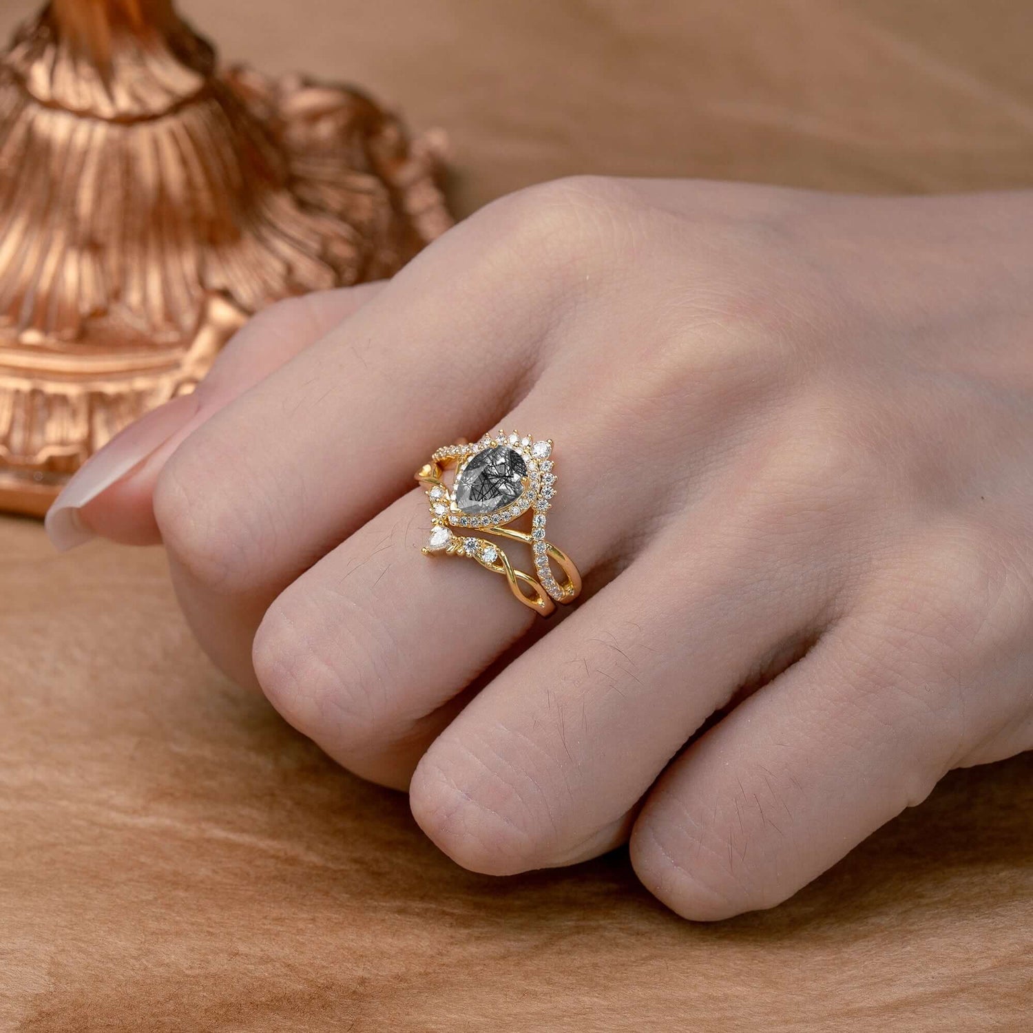 Elegant Pear-Cut 3 Prong Natural Black Rutilated Quartz Engagement Ring Set