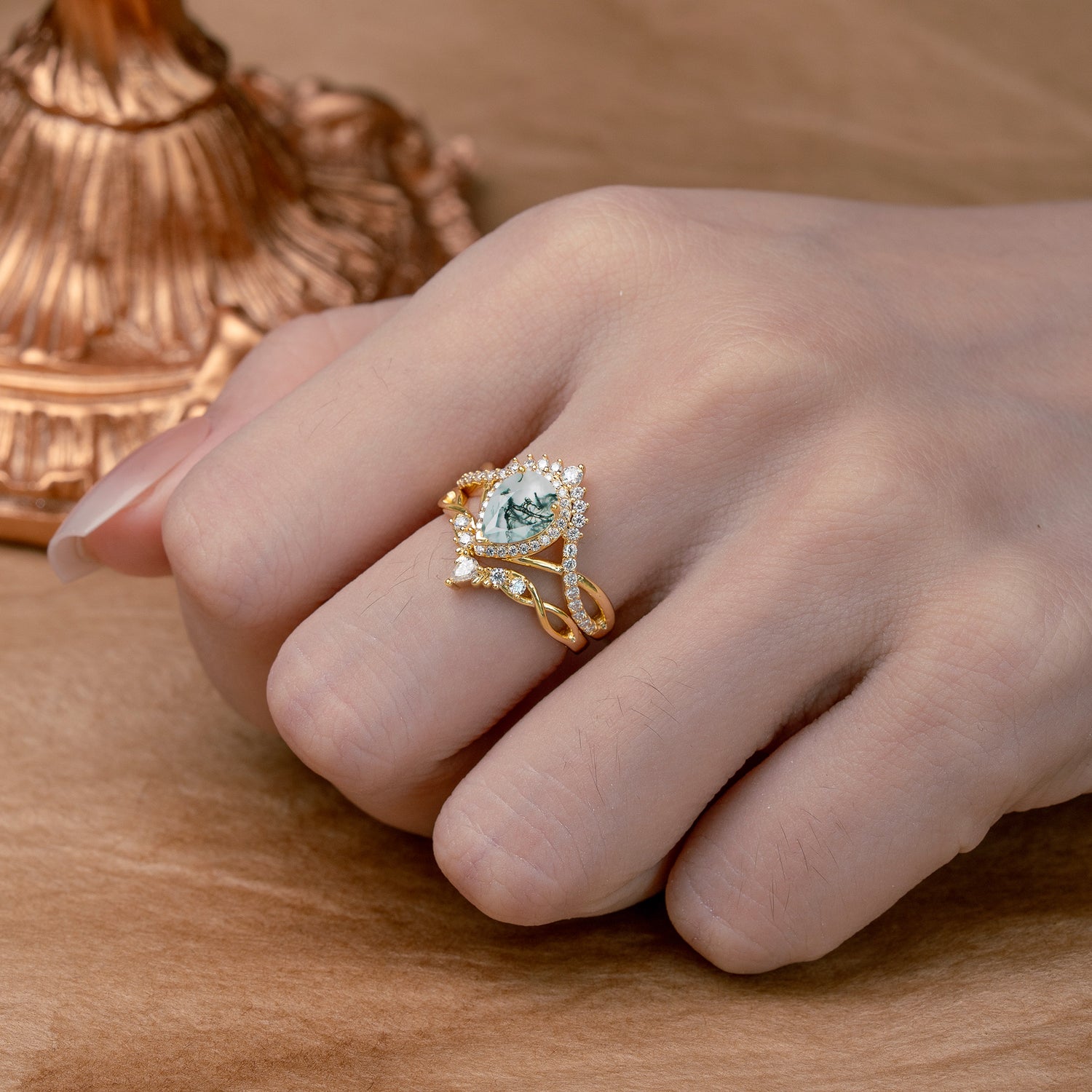 Elegant Pear-Cut 3 Prong Natural Moss Agate Engagement Ring Set