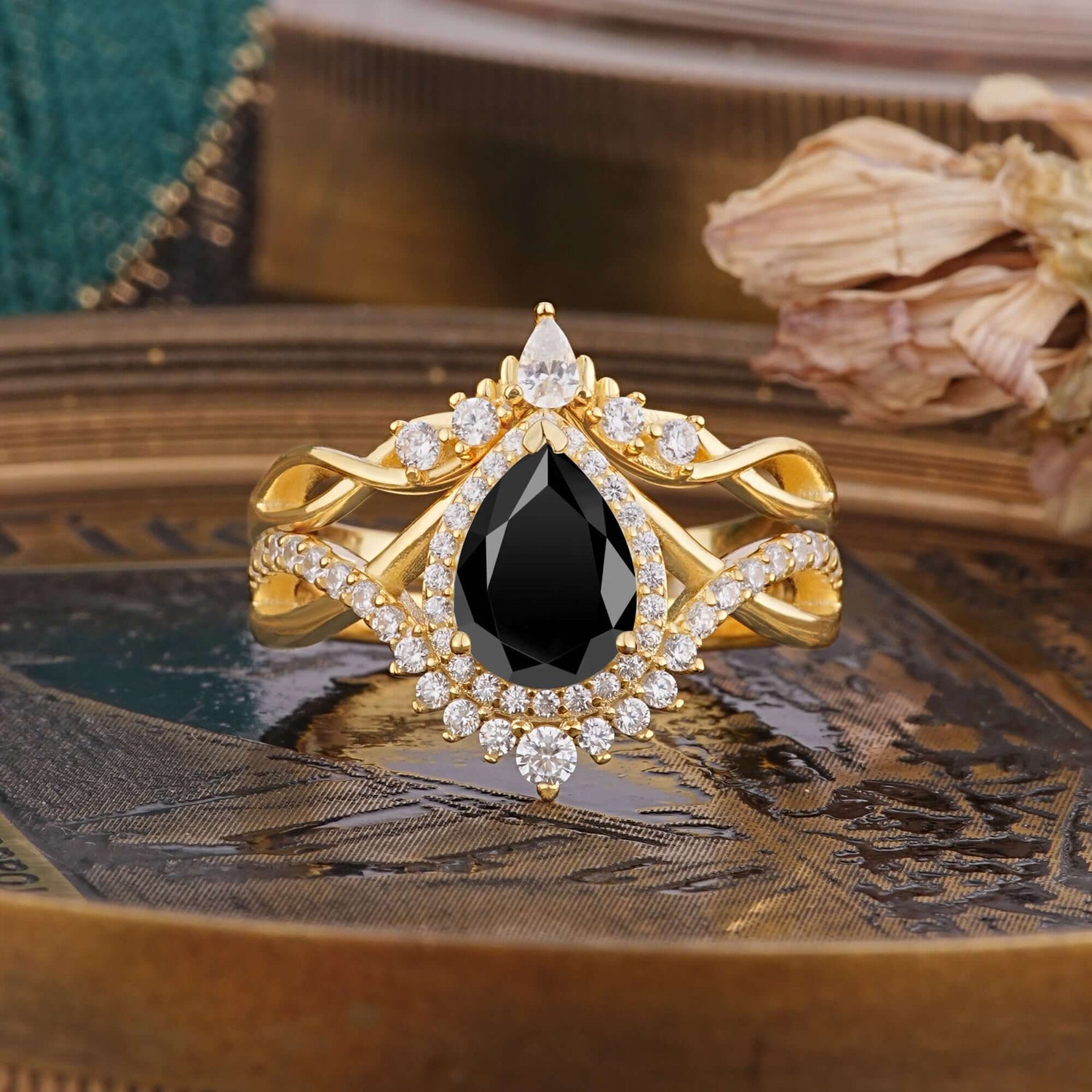 Elegant Pear-Cut 3 Prong Natural Black Onyx Bridal Ring Set