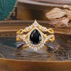 Elegant Pear-Cut 3 Prong Natural Black Onyx Engagement Ring Set