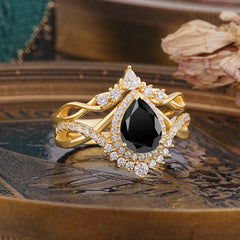 Elegant Pear-Cut 3 Prong Natural Black Onyx Engagement Ring Set