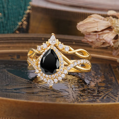 Elegant Pear-Cut 3 Prong Natural Black Onyx Engagement Ring Set