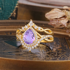 Elegant Pear-Cut 3 Prong Natural Amethyst Engagement Ring Set