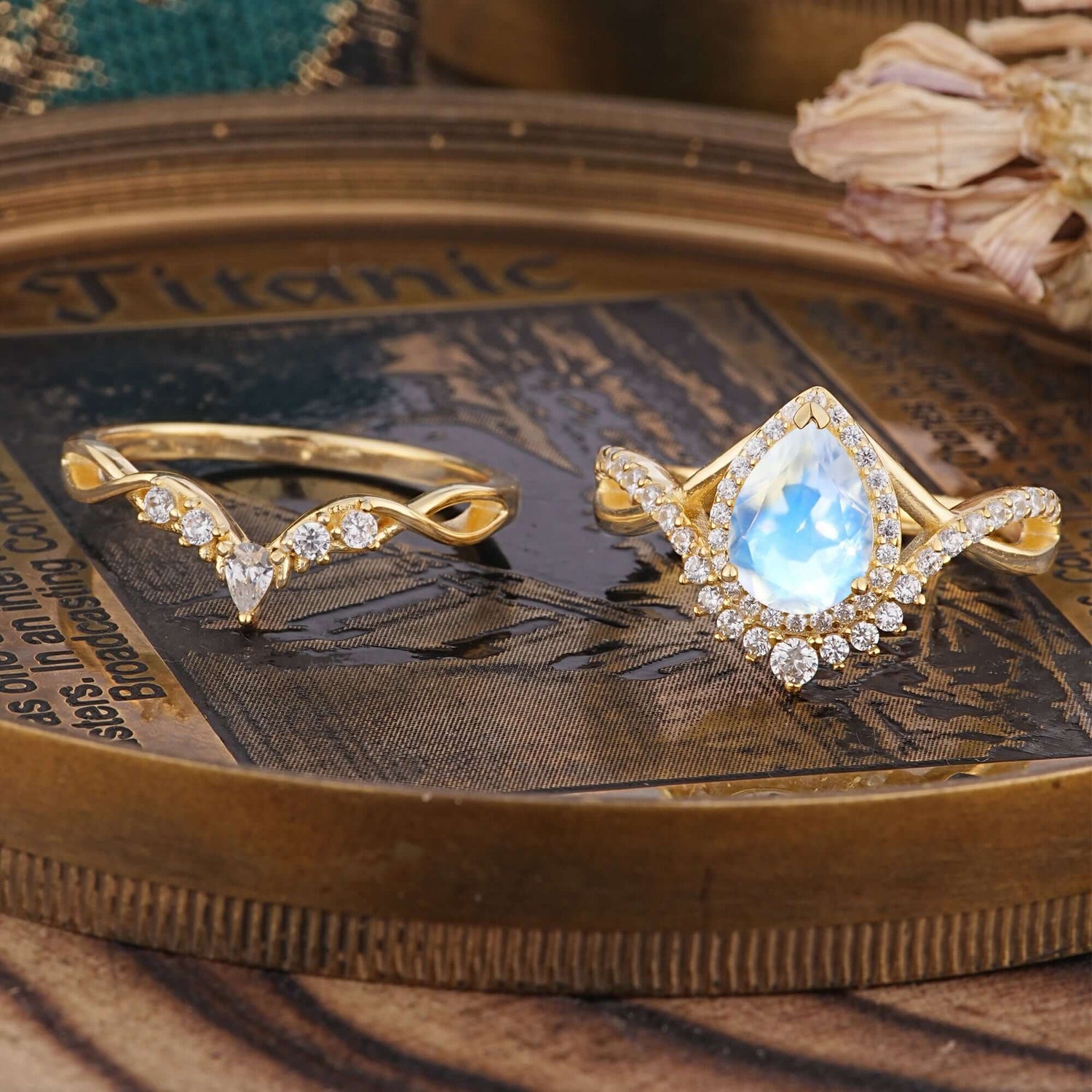 Elegant Pear-Cut 3 Prong Natural Moonstone Bridal Ring Set