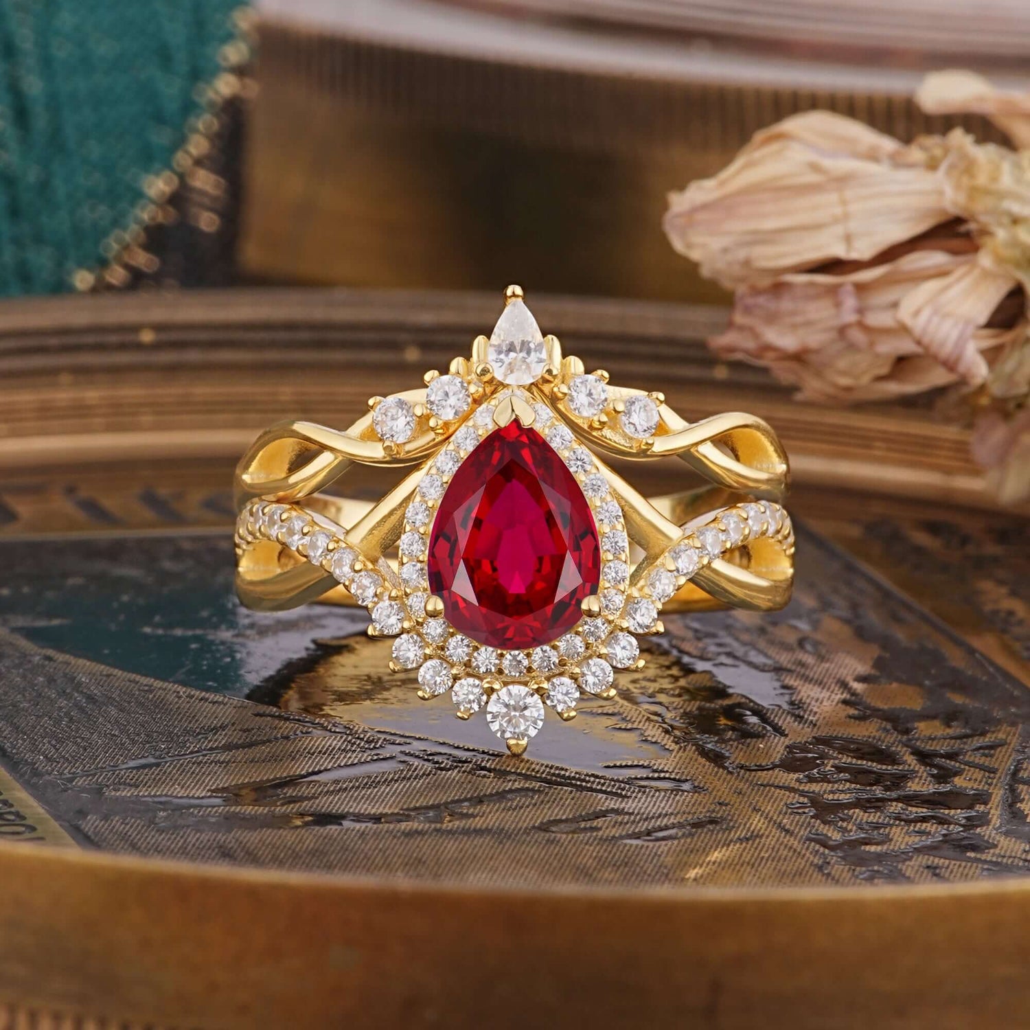 Elegant Pear-Cut Ruby Bridal Ring Set
