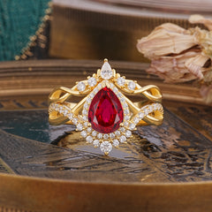 Elegant Pear-Cut Ruby Engagement Ring Set