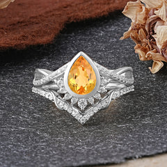Ultra Luxurious Vintage Pear-Cut Citrine Ring Set